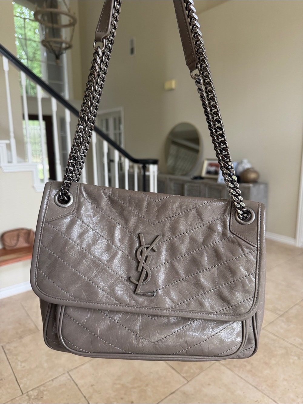 Saint Laurent Nikki Taupe Quilted Leather Shoulder Bag with Chain Strap